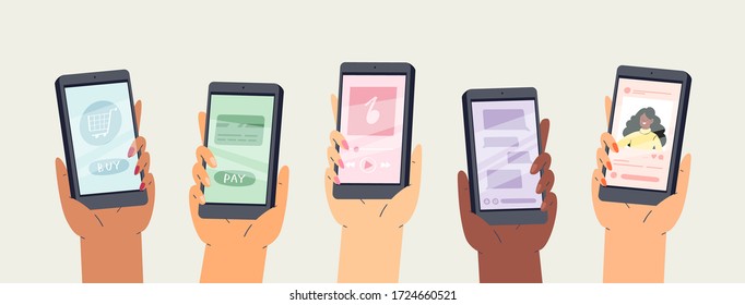 Set of hands holding smartphone with different applications displaying on screen and press a button. Communication social networking concept use for banner, web site vector illustration template