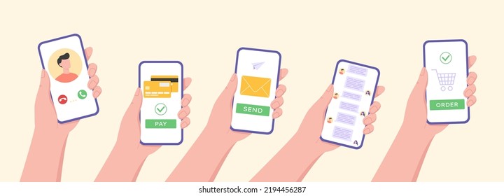 Set of hands holding smartphone with different applications displaying on screen. Different ways of using smartphones concept. Vector illustration for web banners, sites, infographics design