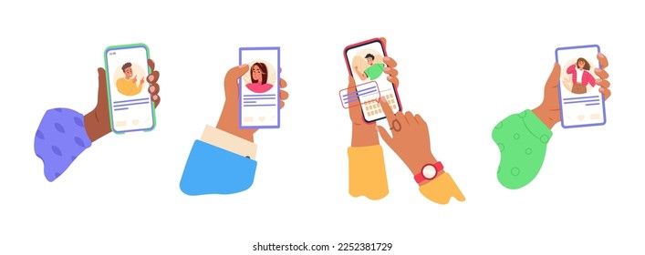 Set of hands holding smartphone flat vector Illustration. People use smartphones, surfing in social media. Boy and girl chatting, using navigation, watching video, liking photos, talking in Mobile App