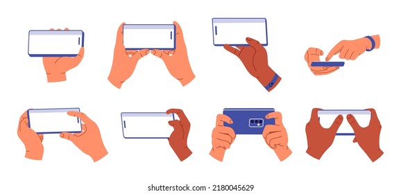 Set of hands holding the smartphone horizontally. White smartphone screen. People handling with cellphones. Fingers touching screen. Flat vector illustration isolated on white background