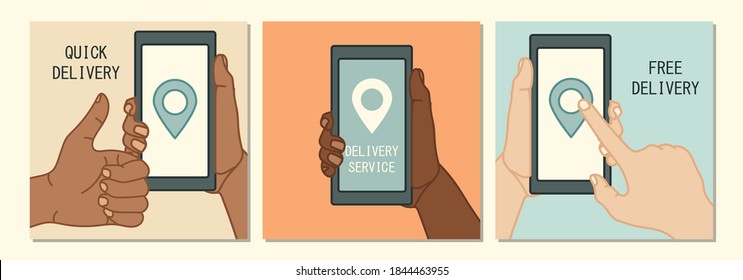 Set of hands holding a smartphone. Order online using mobile devices. Delivery servise concept, vector illustration.
