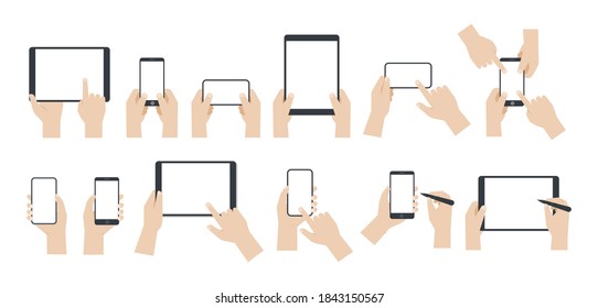 Set of Hands holding Smartphone and Tablet with Blank screen on White background, Flat design vector illustration.