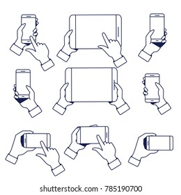 Set of hands holding smartphone and tablet