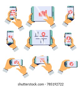 Set of hands holding smartphone and tablet