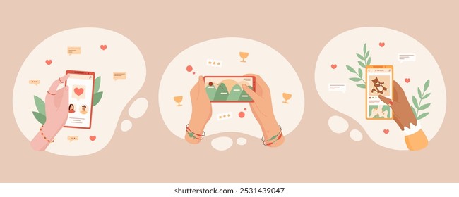 Conjunto de manos que sostienen el teléfono inteligente usando el App para el chat y los medios. Participar en juegos en línea y comunicación. Concepto de tecnología digital, interacción social y conjunto de diseño móvil.