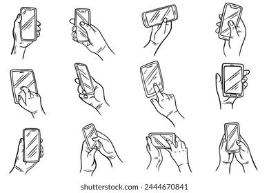 set of hands holding smartphone vector illustration. Ink pen drawing, technology. Business concept