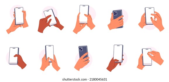 Set of hands holding smartphone vertically. White smartphone screen. People handling cell phones. Fingers touching screen. Flat vector illustration isolated on white background