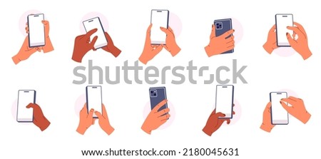 Set of hands holding smartphone vertically. White smartphone screen. People handling cell phones. Fingers touching screen. Flat vector illustration isolated on white background
