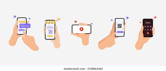 Set of Hands holding smartphones. Communication, social networking Vector illustration.