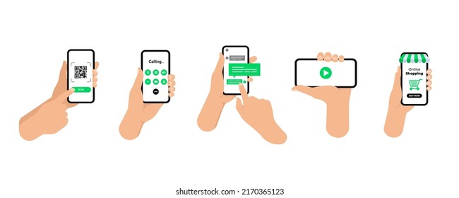 Set of Hands holding smartphones Communication, social networking Vector illustration