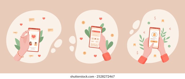 Conjunto de mãos segurando smartphones exibindo vários aplicativos para mídia, bate-papo e serviços de pagamento. Design de desenho animado de telefone digital destacando a interação on-line e comunicação. Ideal para gráficos modernos