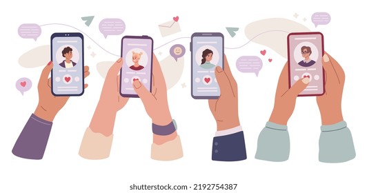 Set of hands holding smartphones with online dating application. Likes, choice. Profiles. Virutal dating and communication. App. Online dating service. Flat vector illustration. 