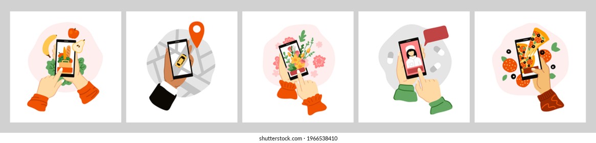 Set of hands holding smartphones, ordering food, grocery, flowers, gifts, pizza, taxi, medicines, medical care. Online delivery concept. Stylized hand-drawn vector illustrations.