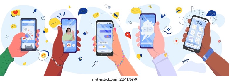 Set of hands holding smartphones with social media, chatting, watching video, liking photos. International communication, social networking concept. Vector illustration