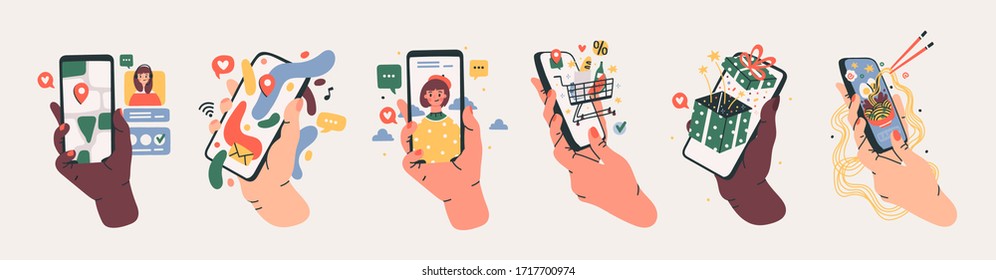 Set of Hands holding smartphones with various images. Communication, social networking concept. Stylized hand drawn Vector illustration for Mobile Application or web sites and banner design