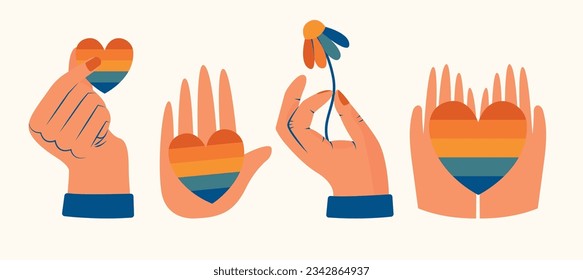 Set of hands holding stuff, hearts, flowers. Set of LGBTQ community symbols. Various hands gestures. Pride month stickers. LGBT flat style icons collection. Gay parade groovy celebration. 