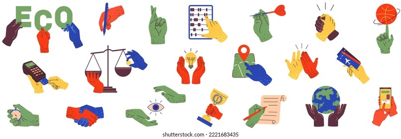 Set of hands holding stuff. Human palms with different items. Attributes, devices, instruments and subjects in hands isolated on white background. Gesturing and holding colorful objects, icons