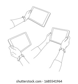 Set, Hands Holding Tablet, Left And Right Hand. Female Parts Body, Sketch. Beautiful Young Hands Are Holding An Electronic Device On White Background. Vector Illustration.