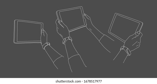 Set, Hände, die Tablette auf dunklem Hintergrund halten. Frauenteile Körper. Schöne junge Hände in Watch Hold Smart Device, Skizze. Anzeigen von Informationen aus Tablet. Vektorillustration Illustration.