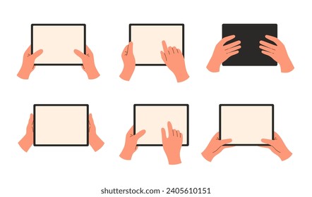 Set of hands holding tablets isolated on white background.