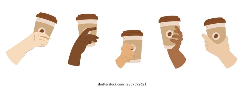A set of hands holding take away coffee cup.