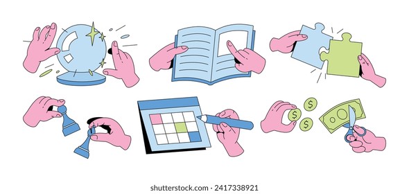 Set of hands holding things. Different objects in human hand, hold gestures. Business illustrations in hand-drawn style