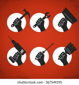 Set of hands holding tools. Vector hands with screwdriver, electric drill, wrench, brush, hammer and putty knife. Home renovation labels on vintage grunge background.