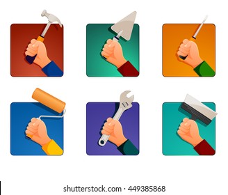 Set of hands holding tools. Vector hands with screwdriver, hammer. isolated on white