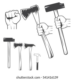 Set of hands holding tools in vintage style isolated on white background. Vector illustration.
