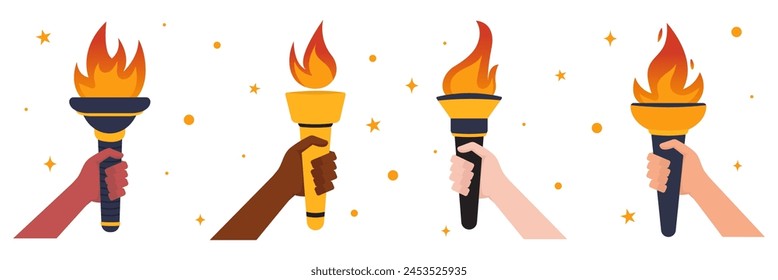 Set of hands holding torches. Various torchlights. Vector illustration.