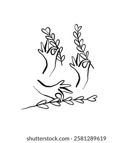 Set of hands holding twigs in hand drawn style. Art symbol for wedding invitations. Outline vector illustration