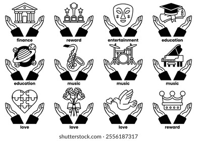 A set of hands holding up a variety of symbols, including a heart, a rose, a book, a guitar, a piano, a drum, a microphone, a trophy, a graduation cap, a building, and a person