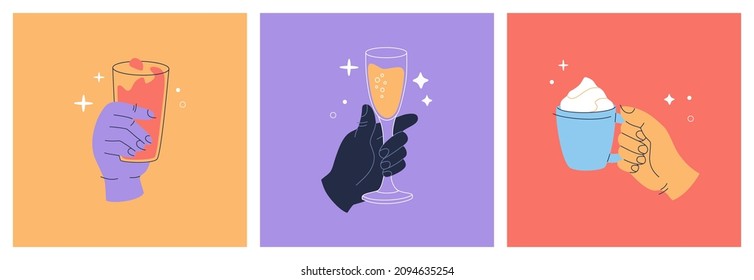 Set hands holding various beverages  cappuccino cup    wine glasses   cocktail  Hand drawn vector illustration isolated colorful background  purple  red  Modern trendy flat cartoon style