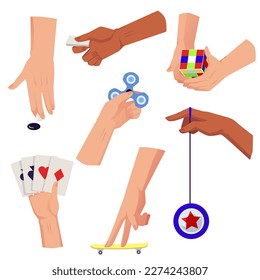 Set of hands holding various game accessories such as spinner and playing cards. Icons of hands playing games, flat vector illustration isolated on white background.