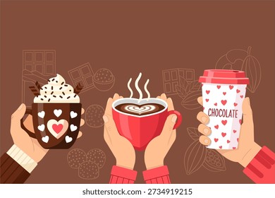 Conjunto de mãos segurando várias bebidas de chocolate quente e café para o Dia dos Namorados.