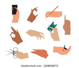 Set of hands holding various items. Flat vector illustrations isolated on white background.