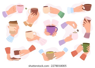 Set of Hands Holding Various Mugs In Different Sizes And Designs. Concept of Drinking Beverages in Comfort. Isolated Icons For Advertising Cozy Coffee Shop, Cafe. Cartoon Vector Illustration