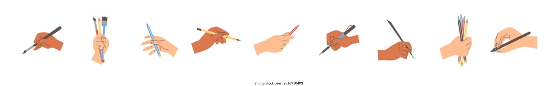 Set of hands holding various pencils and brushes flat style, vector illustration isolated on white background. Decorative design elements collection, stationery for artist, work and education