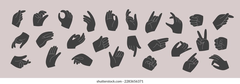 Set of hands holding various stuff. Different operations and gestures. Hand drawn vector