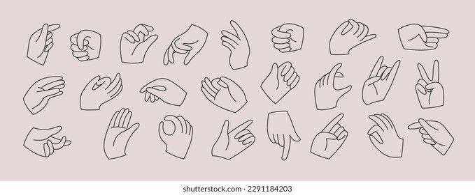 Set of hands holding various stuff. Different operations and gestures. Hand drawn vector