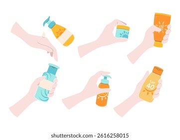 Set of hands holding various sunscreen products, including sprays, lotions, and SPF labels. Ideal for skincare or summer projects