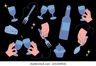 Conjunto de manos con lentes de viento, tenedor y cuchara. Frasco con alcohol. Ilustración vectorial dibujada a mano. Todos los elementos están aislados.