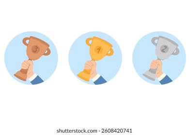 Set of Hands holding a winner's trophy. Hand raising a golden, silver, bronze trophy symbol, representing success, achievement, victory, and championship.
