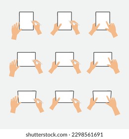 Set of hands holding, writing, drawing with stylus pens on blank screen of digital tablets in vertical, horizontal and on stand position from top view in flat design