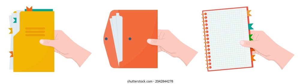 Set of hands holds folder with documents. Stationery concept illustration. Isolated on white workspace accessory.