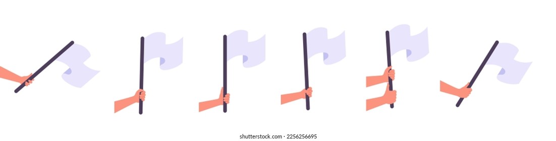 Set with hands holds white flag cartoon flat vector illustration