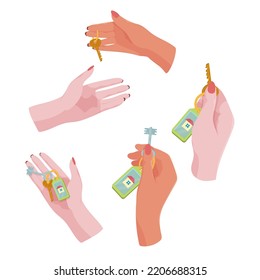 Set of hands with house keys. Sale or purchase of housing. Mortgage. Transfer of keys. Credit, loan. Vector illustration of isolates on a white background.