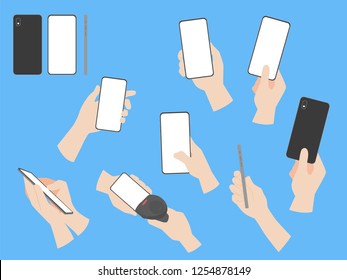 Set of Hands, Set of human hands hold Smart Phone concept, animation, finger, arm, skin on gray background, flat style cartoon vector illustration.