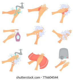 Set of hands hygiene color flat icons for web and mobile design
