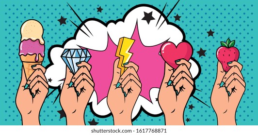 set hands with icons pop art style vector illustration design